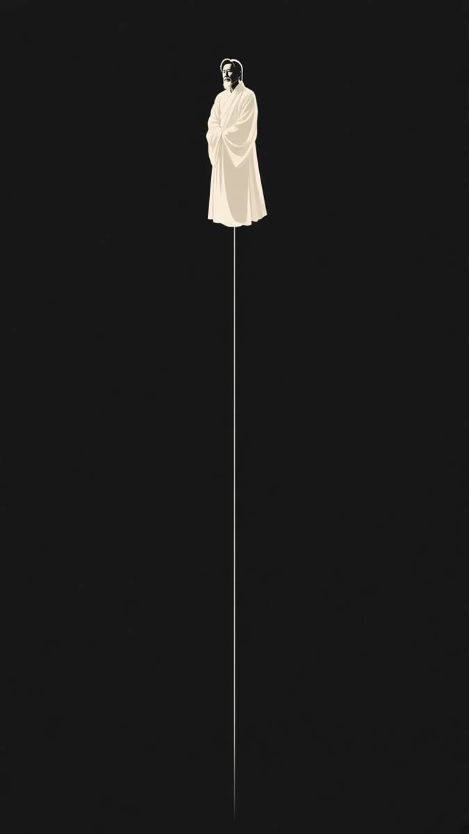 Hwanin tiny at the top of empty heaven, a single ivory thread of light falling through black