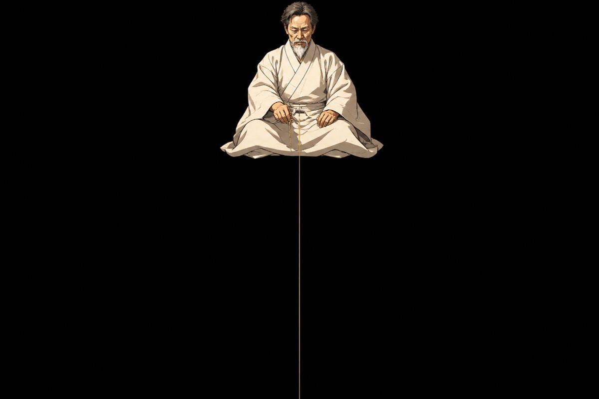 Hwanin small at the top of an ivory-and-black void, a single gold thread falling through empty space