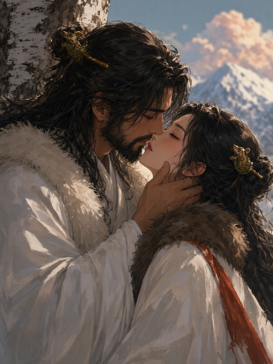 Close: a clumsy first kiss against birch bark, her fist in his hair