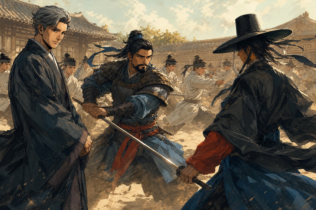 Three young Hwarang and one princess — Bidam, Alchun and Yushin in the training years