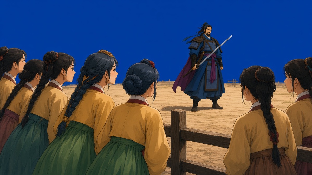Girls in hanbok crowd the Hwarang yard fence, watching Yushin on the dust field