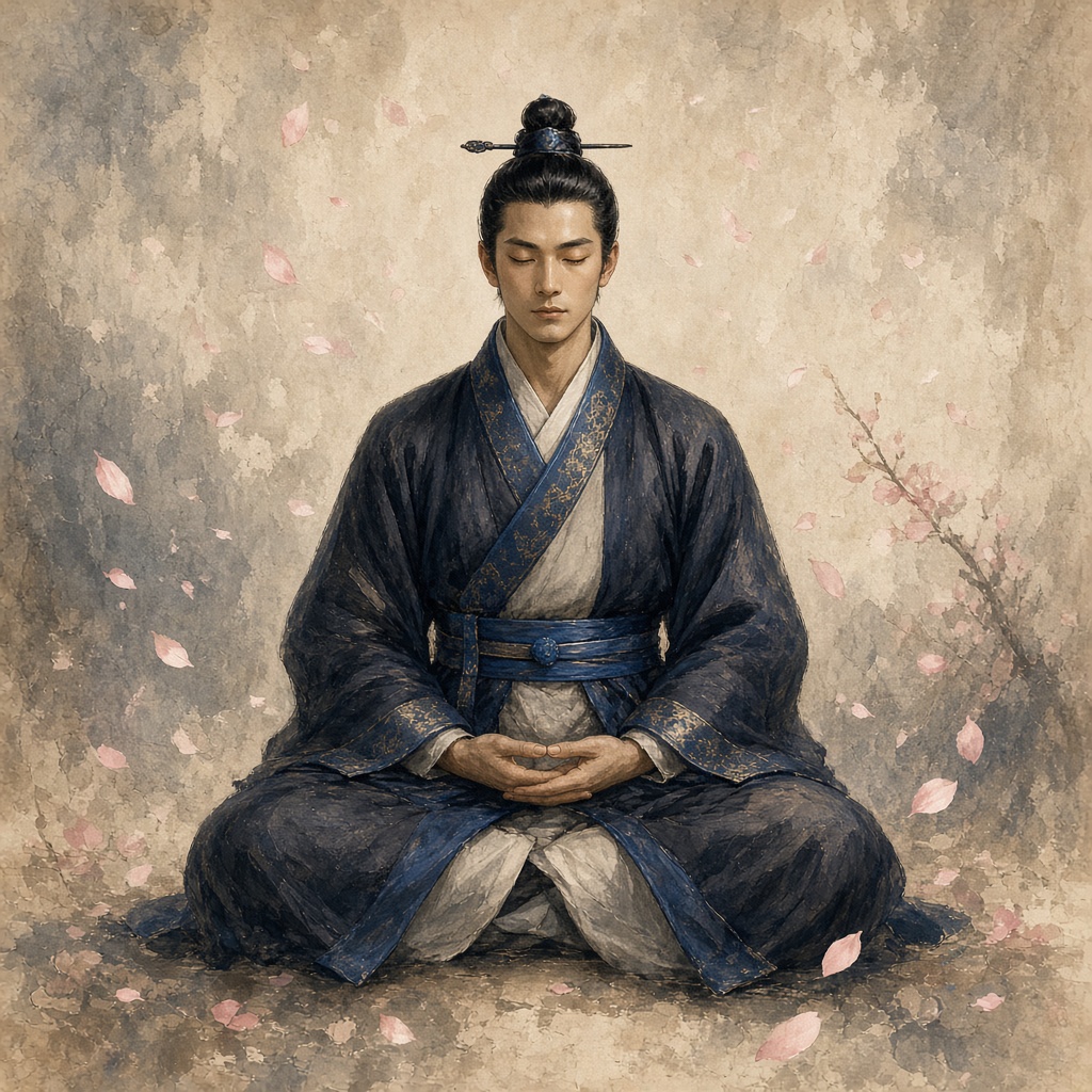 Hwarang warrior in meditation with flower petals - beauty and martial discipline