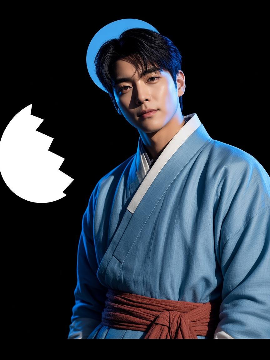 Photoreal Hyukgosé mostly in shadow, a broken eggshell-arc and cerulean rim-light the only accent