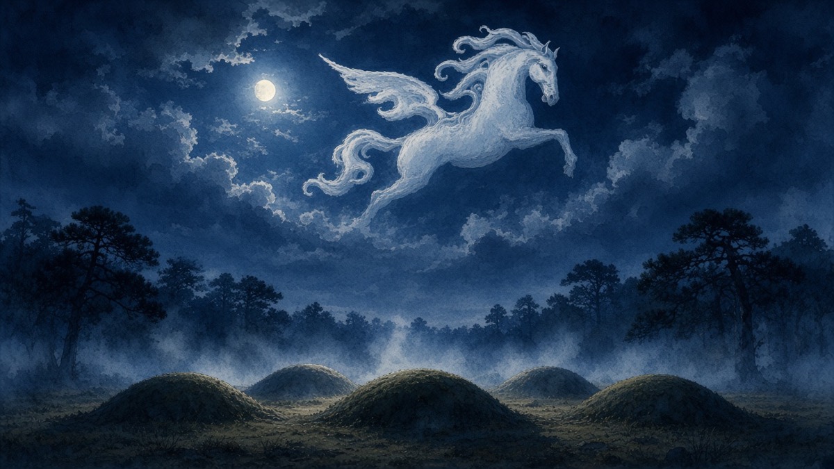 Five grass burial mounds in moonlit mist, a cloud above them shaped almost like a winged horse
