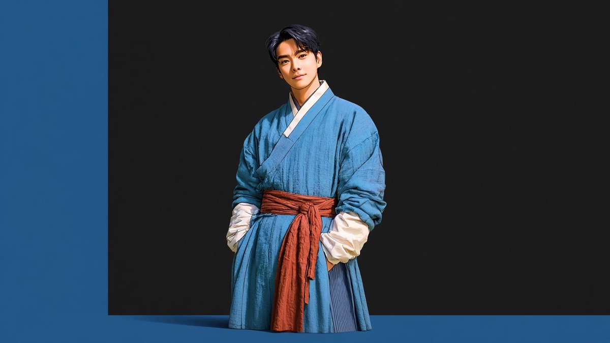 Photoreal Hyukgosé in silky pale-blue hanbok inside a cerulean L-frame, charcoal void