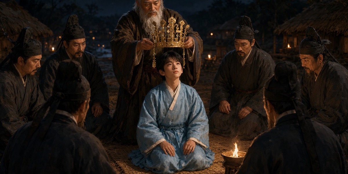 The six chiefs crown the thirteen-year-old Hyukgose on a riverbank mound at dusk