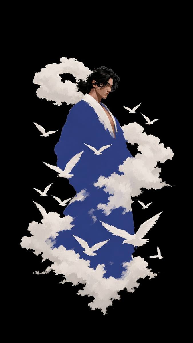 Ibiga the sky-god formed from cloud-masses and birds in negative space — he is the weather, not a man in front of it