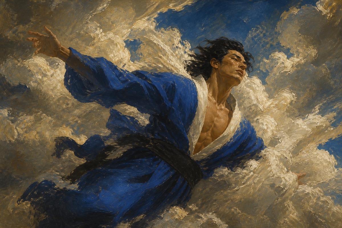 Ibiga mid-leap through sculptural clouds, royal-blue robe as weather, wild exhilarated face
