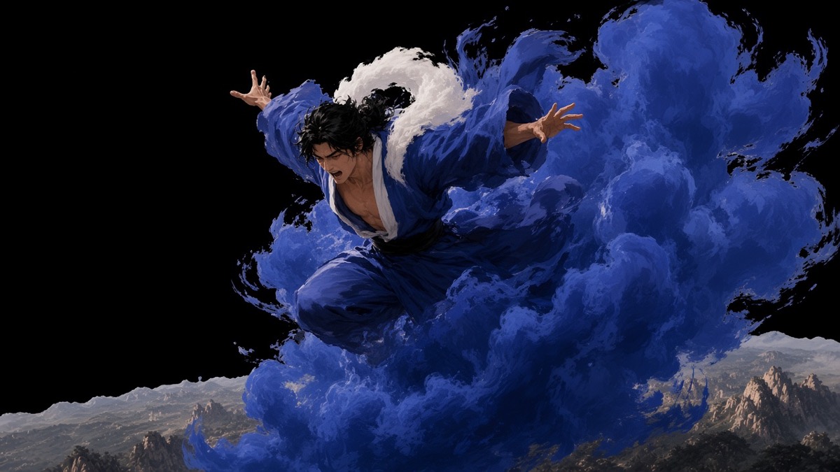 Ibiga falling through his own cobalt cloud, struck, looking down