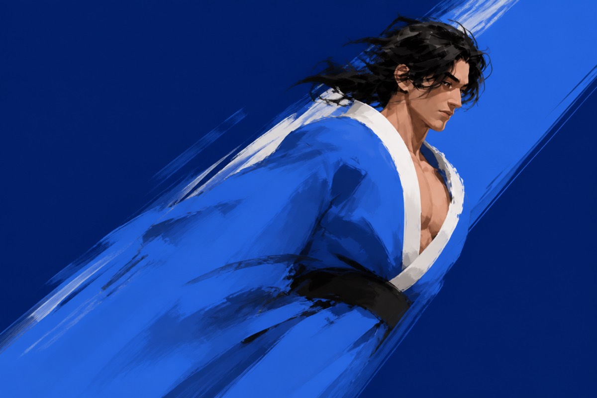 Ibiga leaning hard right, royal-blue robe as a diagonal slash on a flat deep-blue field — no clouds