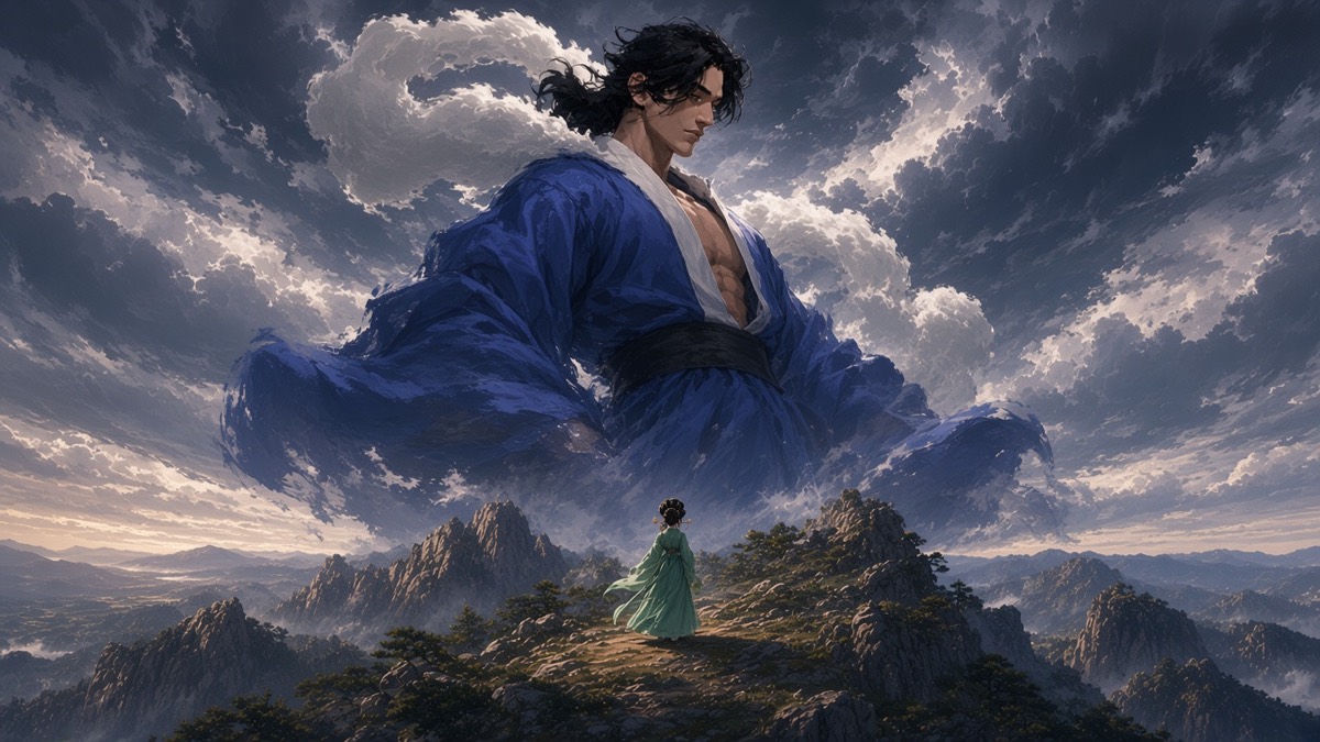 Ibiga high in a cobalt sky looking down at one jade figure on a Korean mountain ridge