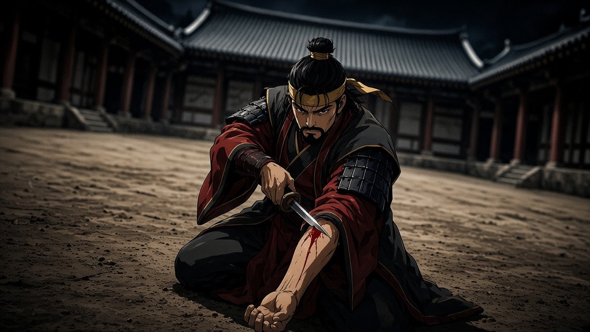 Worm’s-eye: crowned Euija mid-cut on his own forearm — hard red blood-line, empty Sabi hall