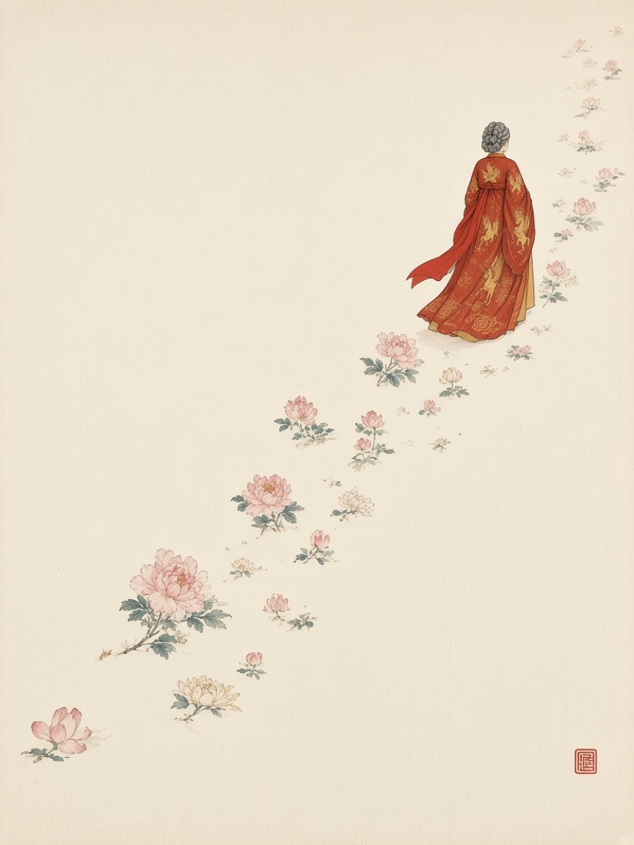 Otherworld ink leaf: flat blank paper with a sparse drift of tiny painted flowers, old Queen Sunduk far off walking away through them, one vermilion sleeve
