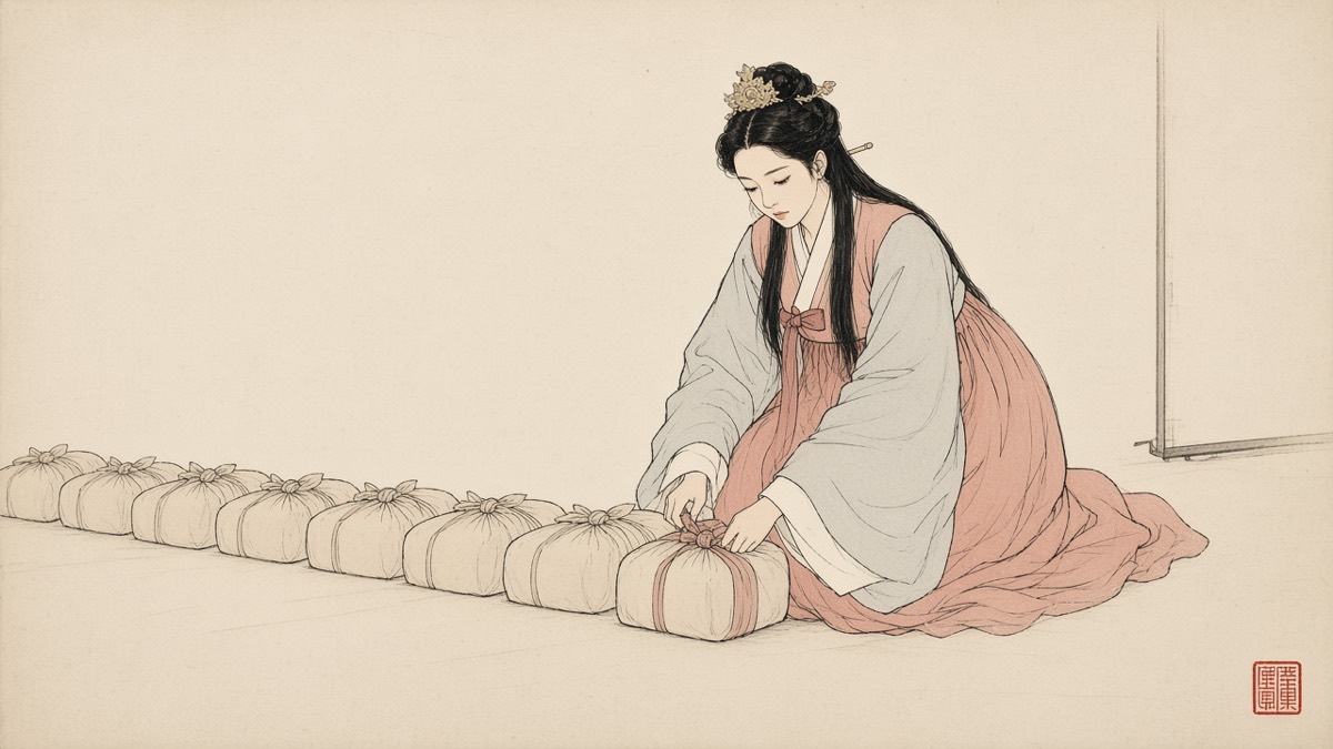 Ink genre painting after Shin Yun-bok: an empty floor of pale paper, Munhee tiny and kneeling at one edge knotting a travel bundle, one pink ribbon the only color