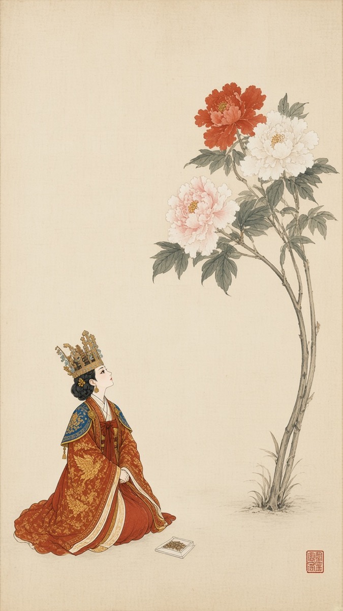 Ink-and-color scroll: one tall peony stem in three blooms on vast empty silk, no butterflies anywhere, young Sunduk tiny at the bottom edge looking up