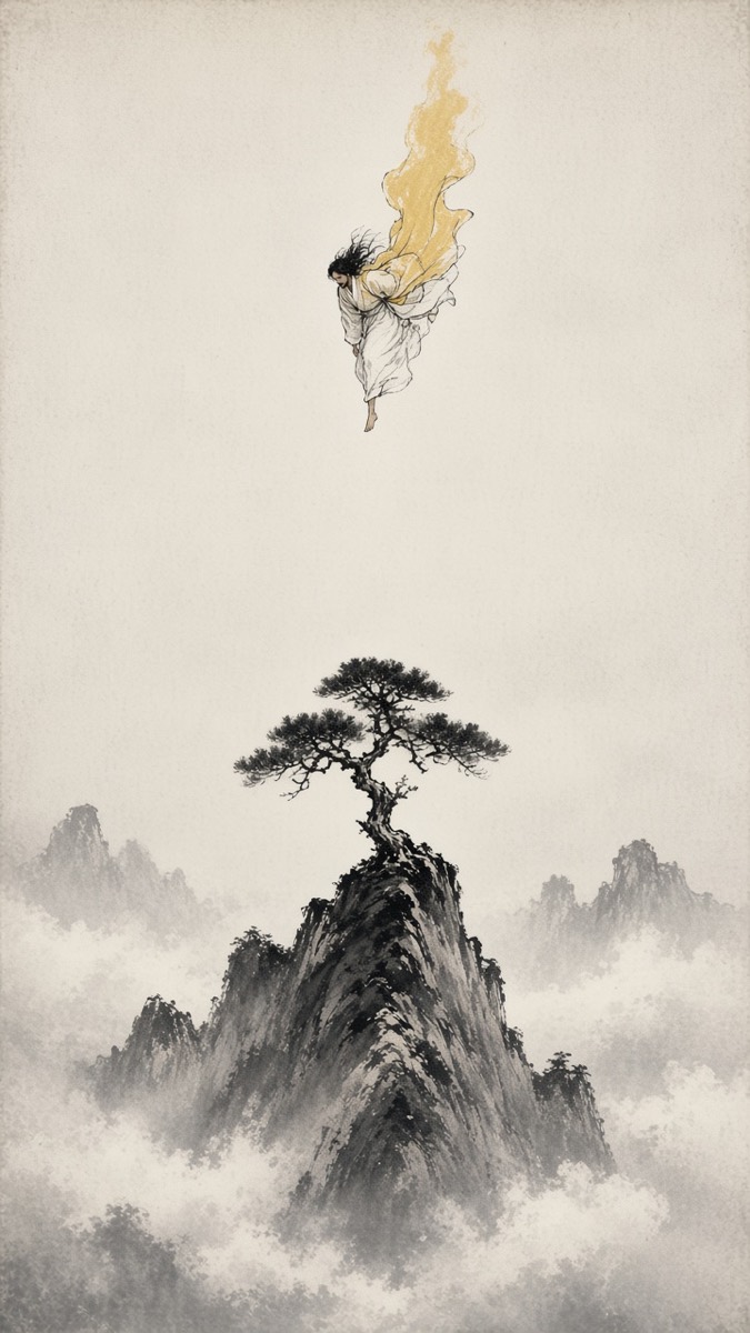 Ink mountain scroll: one sacred tree on a lone summit above a sea of cloud, a tiny Hwanung descending toward it trailing a pale gold sleeve