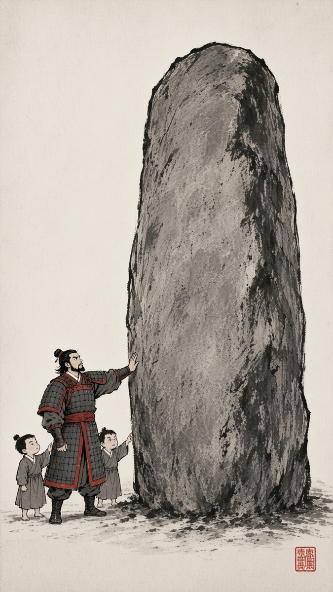 Ink scroll: the Gwanggaeto Stele as one towering black stone column on an empty plain, Yeon Gaesomun and three small boys at its foot, the smallest pointing up
