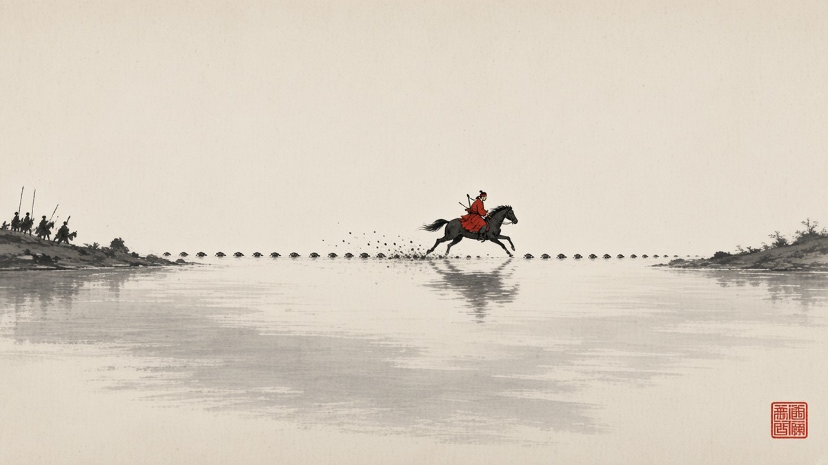 Ink handscroll: a vast pale river with one thin line of turtle shells stitched across it, tiny Jumong on horseback halfway over in red, pursuing riders stopped as dots on the far bank