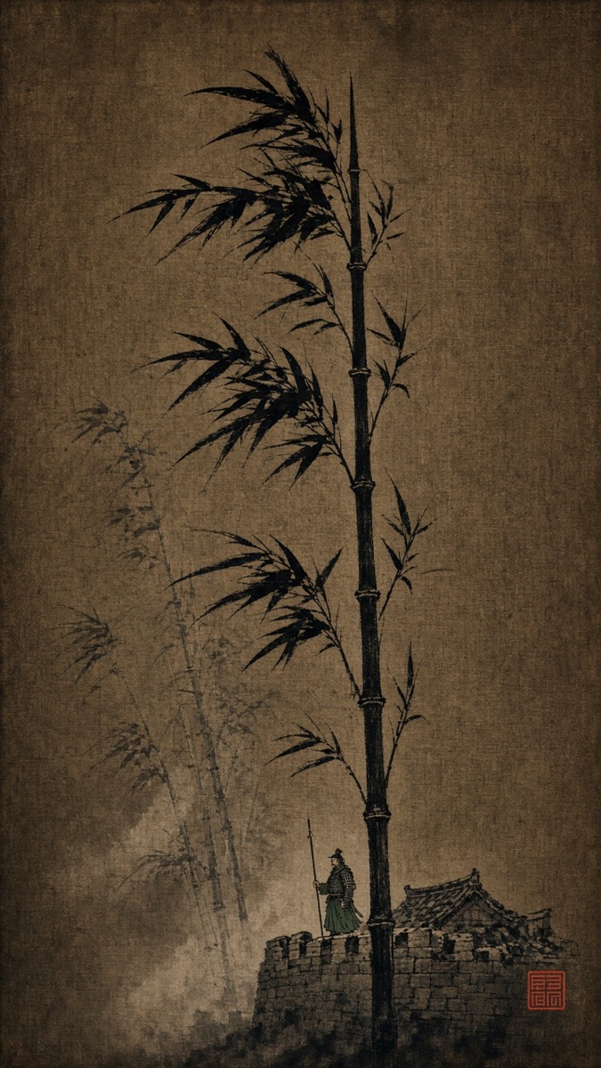 Ink bamboo in a gale after Yi Jeong: every leaf torn sideways but one stalk standing dead straight, a tiny armored Jukjuk at its root on a broken fortress wall