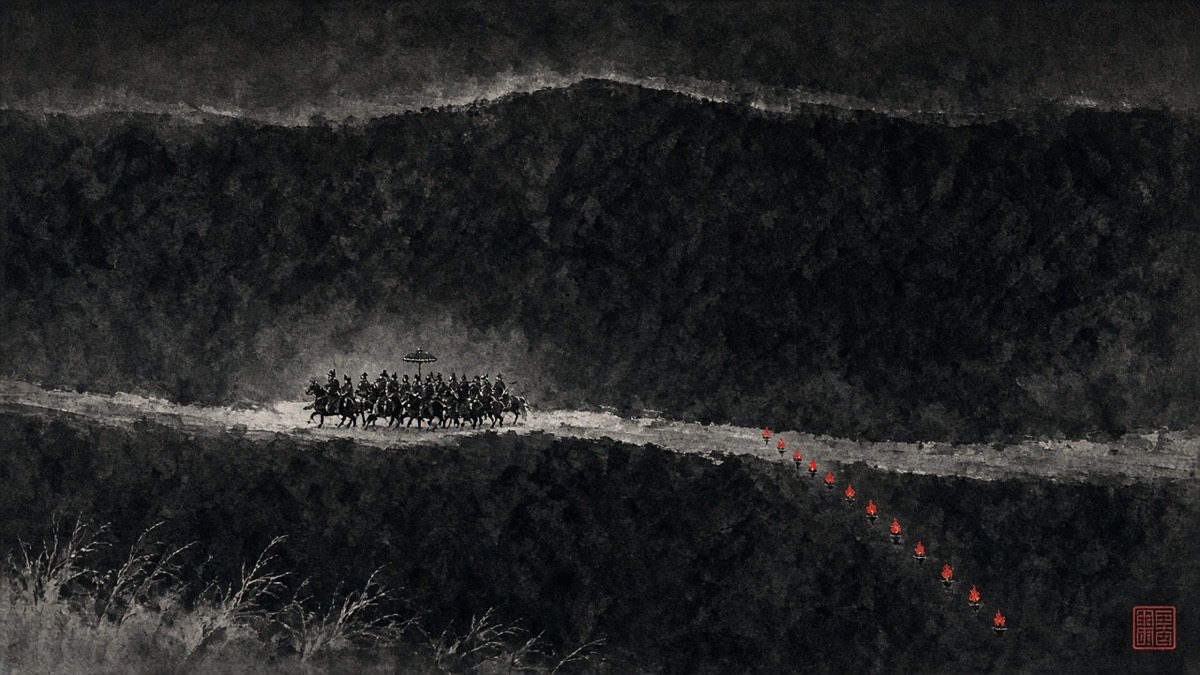 Night ink handscroll: almost all black wash, a thin pale road, a tiny cluster of fifty riders stopped on it, and a slanted line of red torches climbing the bank toward them