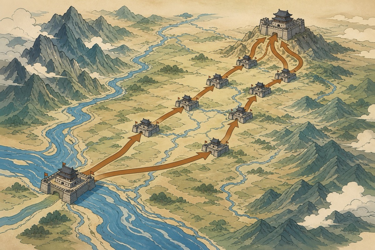 The invasion routes of 645 converging on Ansi fortress
