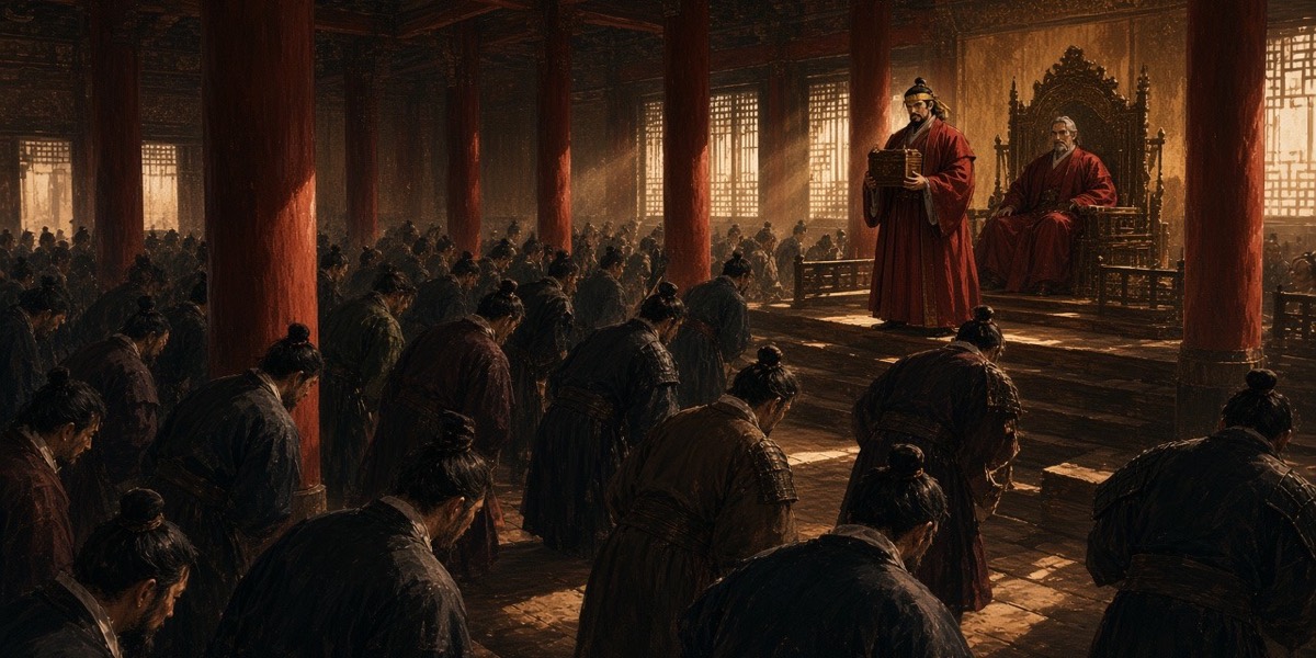 The throne hall bows all at once toward the new crown prince, rows of backs bending like barley