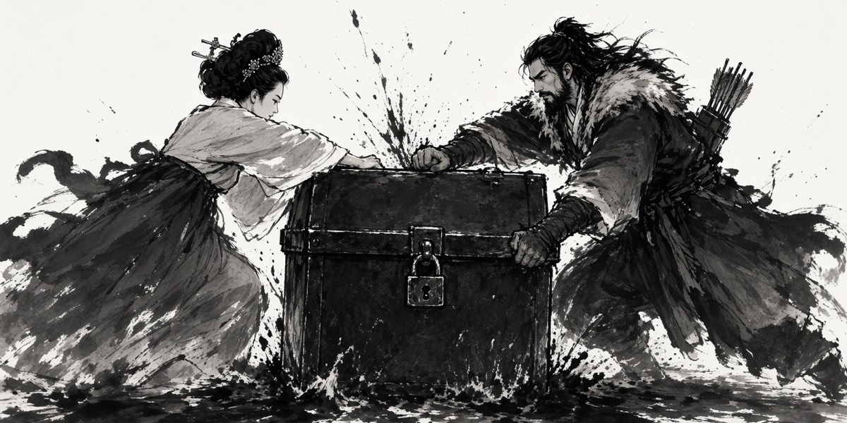 The hunting god and farming goddess push a locked iron chest into the sea
