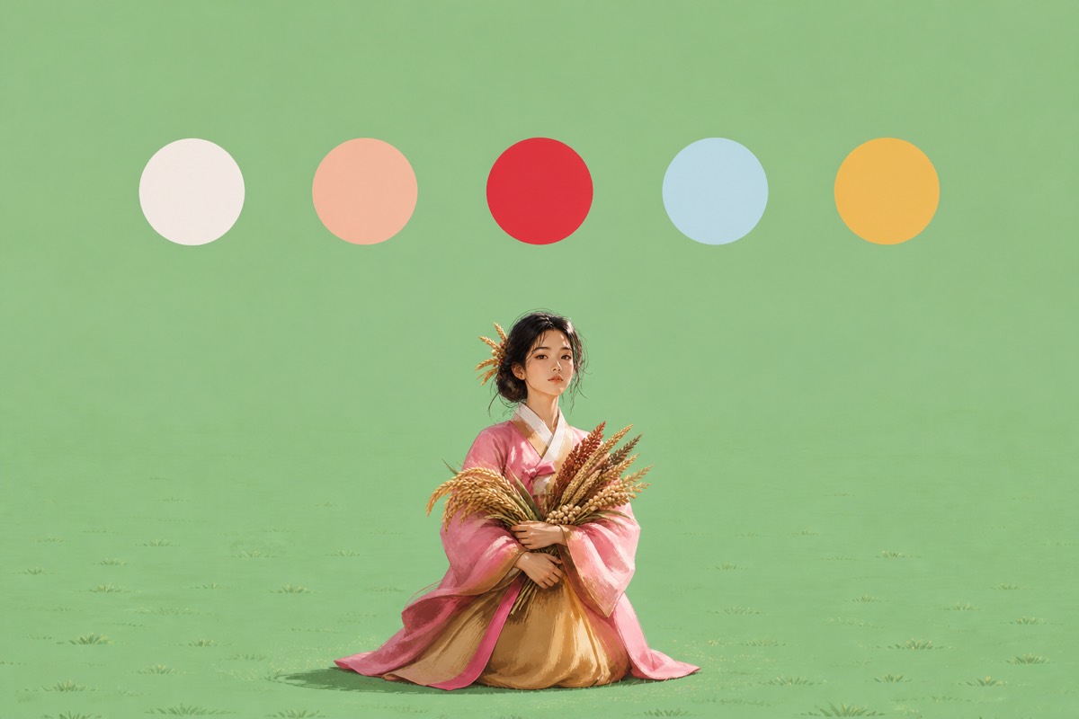 Jacheongbi kneeling on a flat mint Western Flower Field with five colored flower-discs in a row above her — no clouds