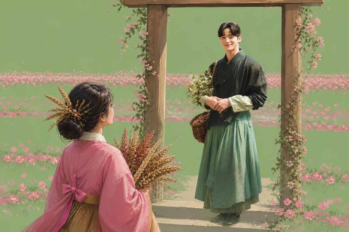 Jacheongbi approaches Hallakgungi’s simple gate in a flat sage-green Western Flower Field