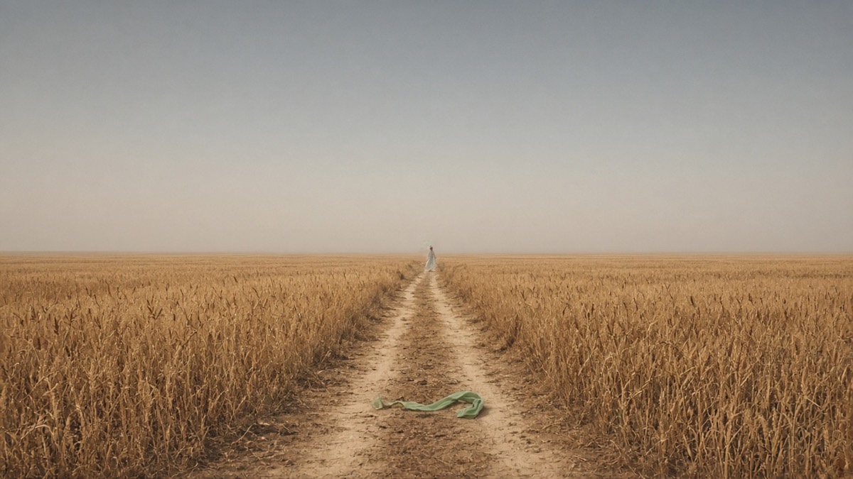 Wide empty millet field: one green #8FBF8A hair-ribbon on a dirt road