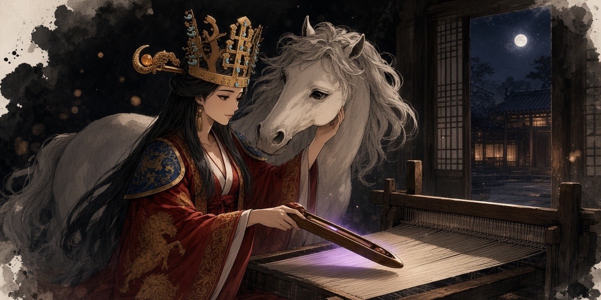 Poster key art: Queen Jinduk weaves her ode of peace into silk at a lamp-lit loom while the white heavenly horse watches over her shoulder through the open door
