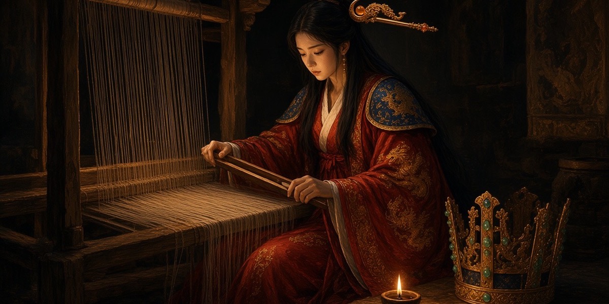 Queen Jinduk weaves alone at night, her padded crown set on the floor beside the loom.