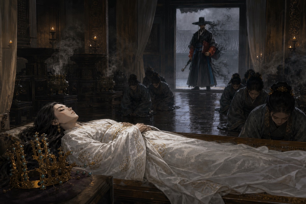 Queen Jinduk lies in state as censers burn — the last of the Sacred Bone is gone