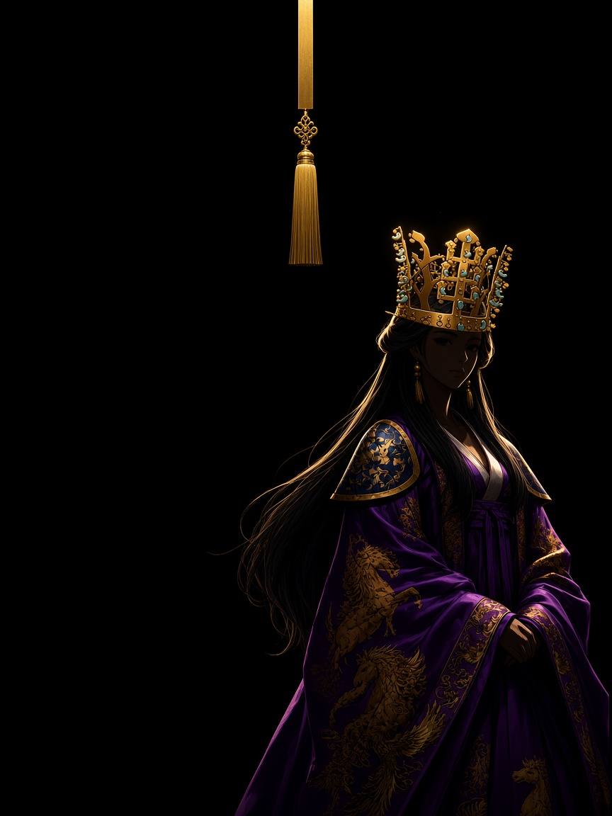 Queen Jinduk almost lost in a black void, a gold tassel hanging as a single vertical drop