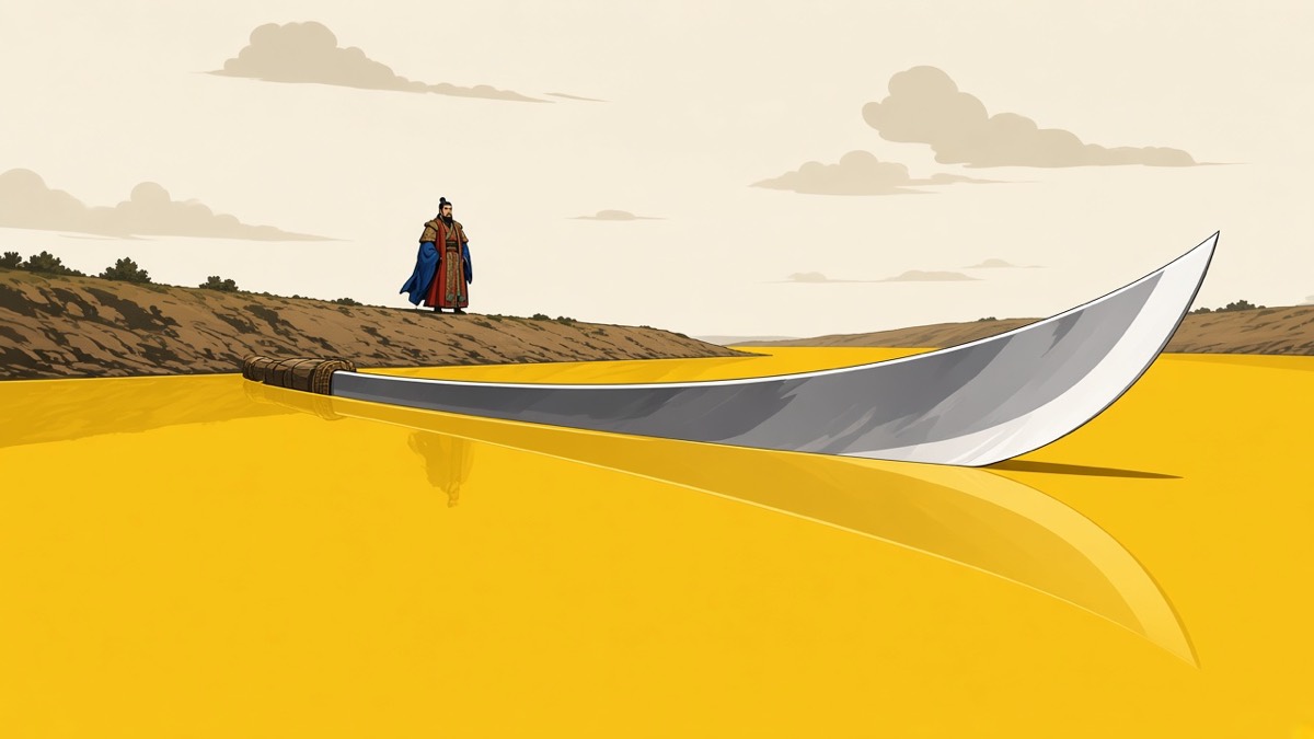A silver crescent-arc cuts a yellow Han-river plane — tiny Jinheung turning on his ally