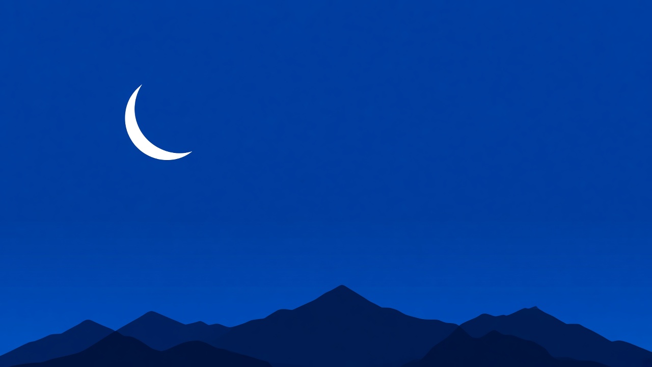 A crescent moon floating in vast Silla blue sky above mountain silhouettes - symbol of destiny