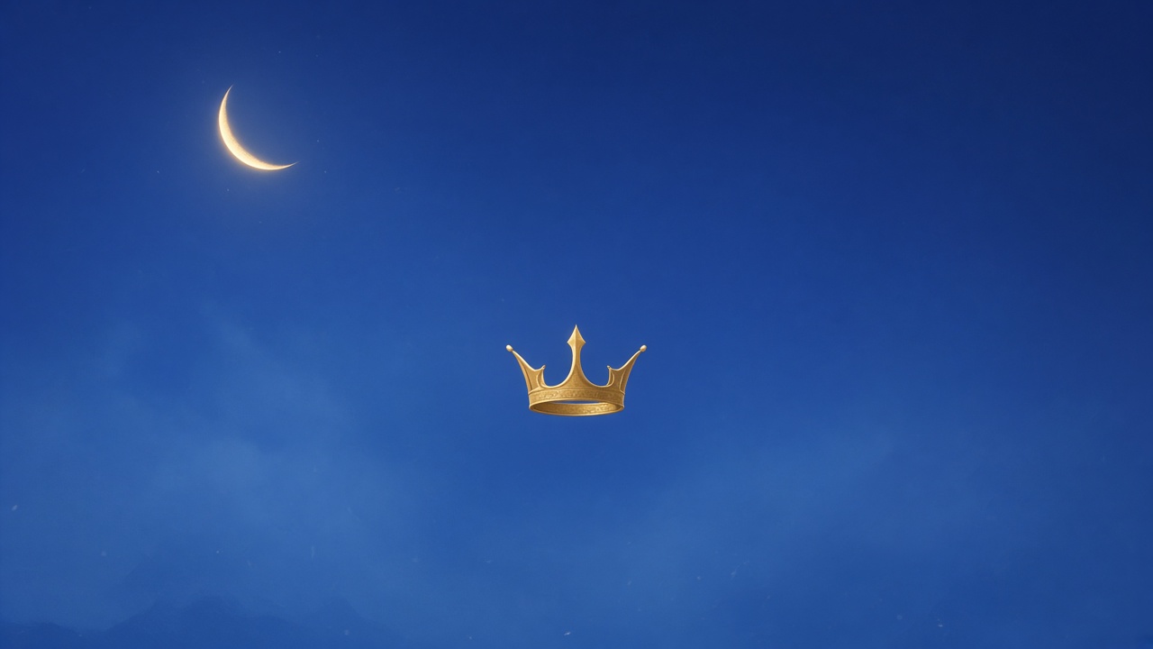 A golden crown floating in Silla blue space, illuminated by crescent moon - destiny awaits