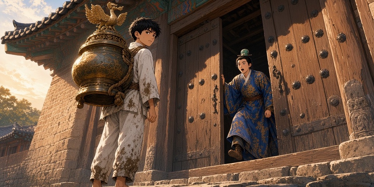 Dawn: the boy stands at the Jinmo clan gate with the mud-streaked incense burner tied on his back