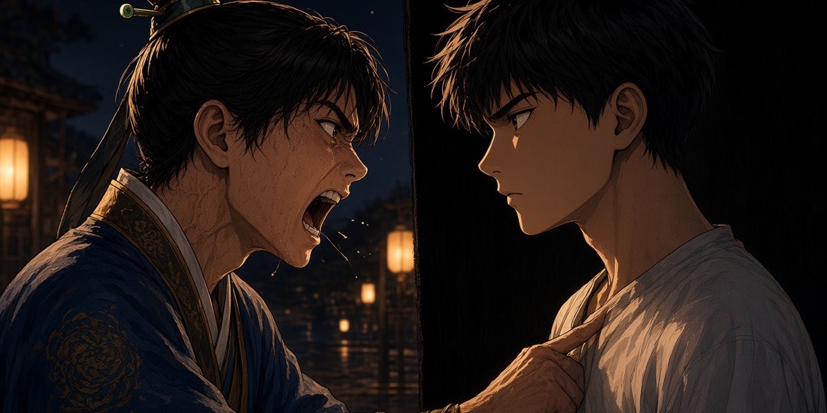 Close two-shot: the Jinmo boy screams into the eel boy's face; the eel boy looks back without blinking