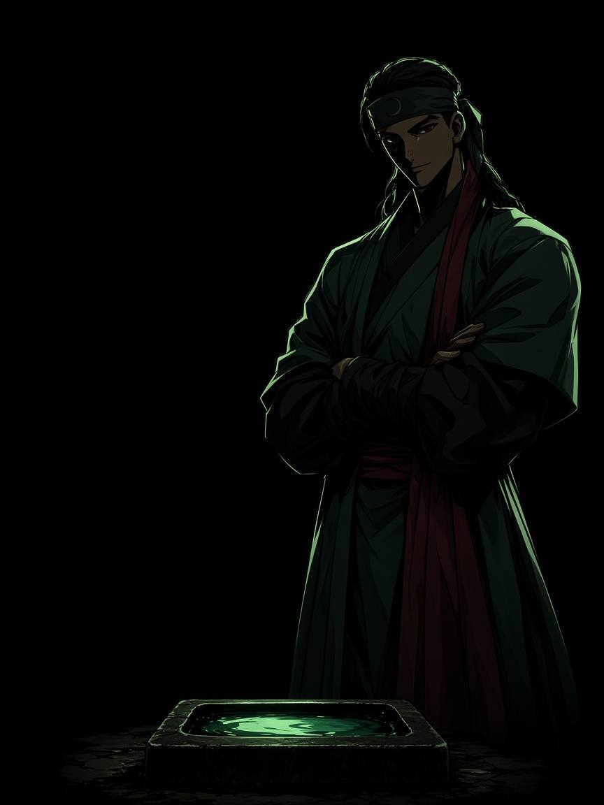Kim Jukji standing in a black void above a sage inkstone pool of light, arms folded