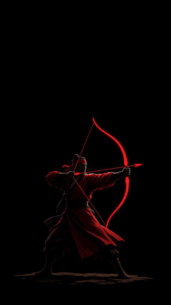 Jumong as a dark archer in a black void, the bow a single bright red arc of light