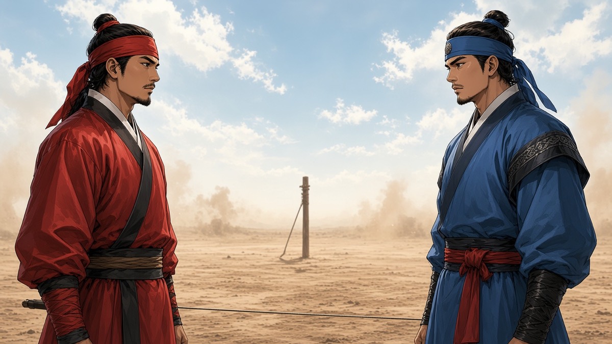 Jumong and Daeso on opposite sides of a taut bowstring-strip across an empty Buyeo yard