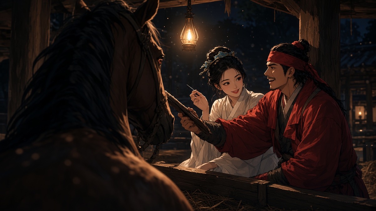 Night stable in Buyeo: Yuhwa holds out a needle between two fingers while Jumong, mid-brushstroke on the best horse, turns to stare at her
