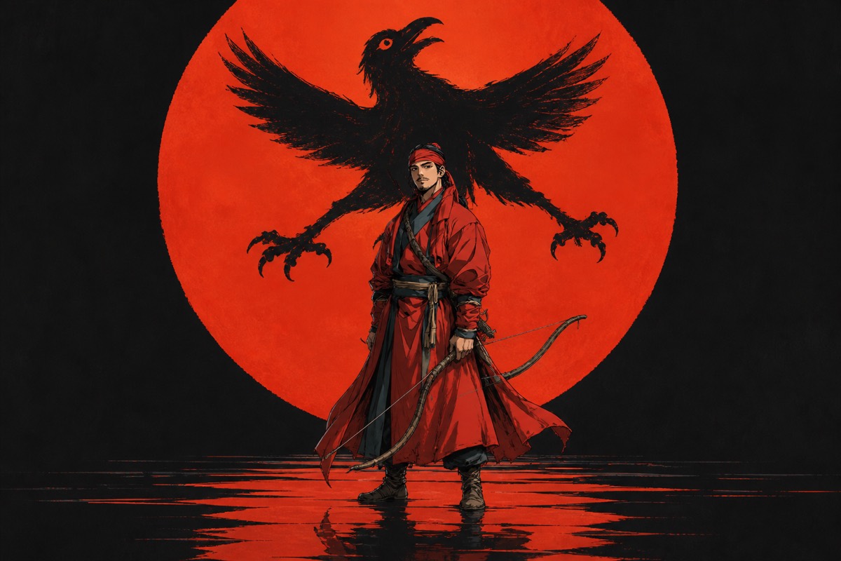Jumong as layout hero under a monumental red sun holding a black three-legged crow