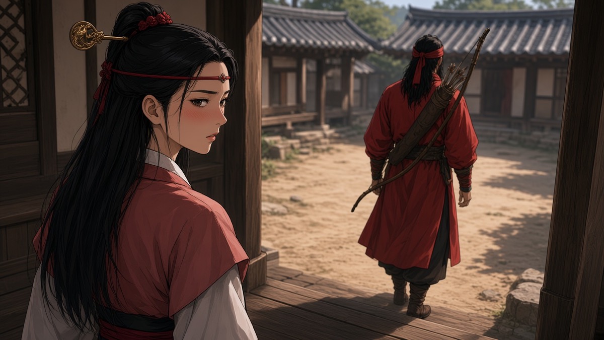 OTS: Sosuno blushing in dusty-rose hanbok; Jumong’s red back in the yard