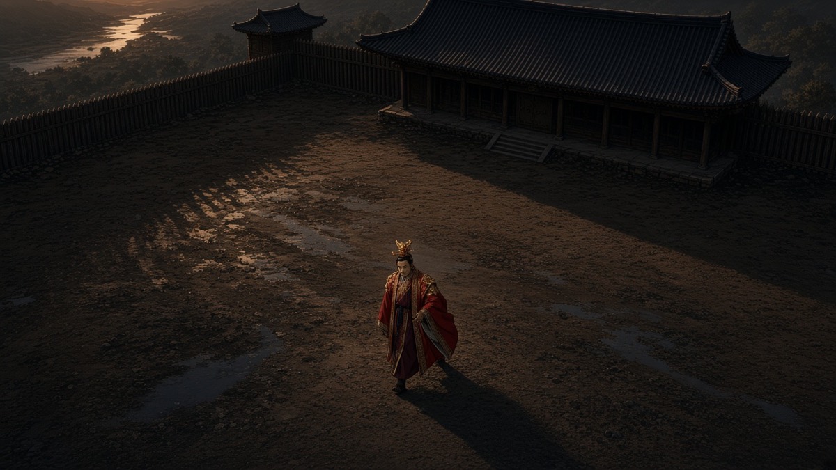 Bird’s-eye dusk: grey-giwa Buyeo timber yard, river ribbon, Geumwa in red-burgundy court silk mid-stride