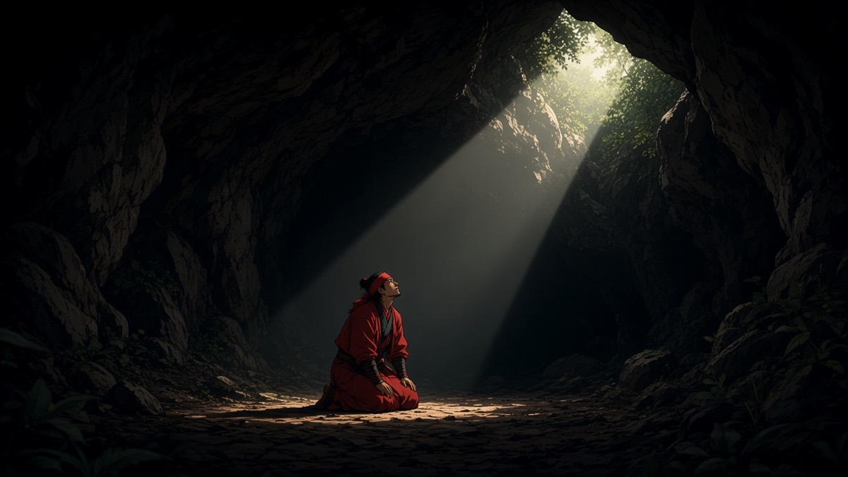 Same Jumong cavern: hard dawn light-seam; tiny kneeling red figure in lower third