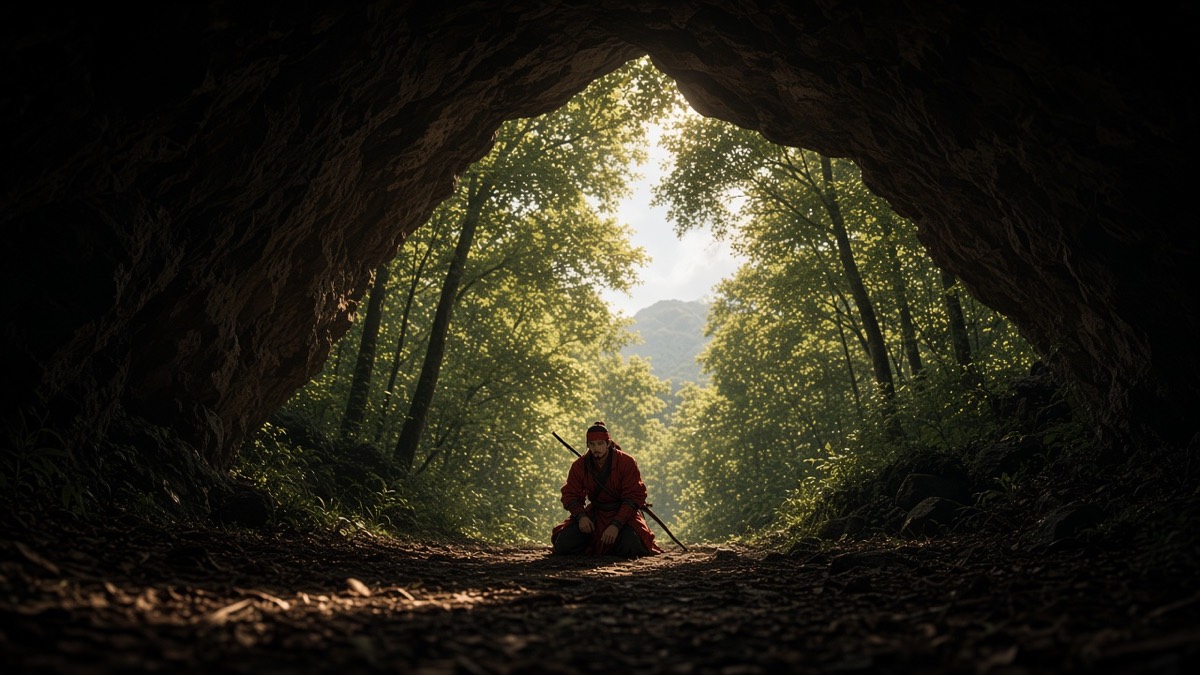 Worm’s-eye Jumong cavern mouth: kneeling red figure, leaf-light arch