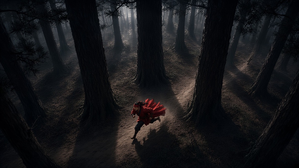 Aerial night pine net: tiny Jumong running red