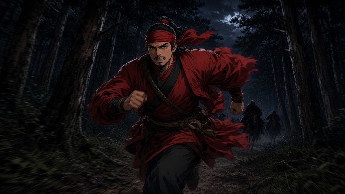 Dark forest chase: Jumong in red running; trees and riders close like a net